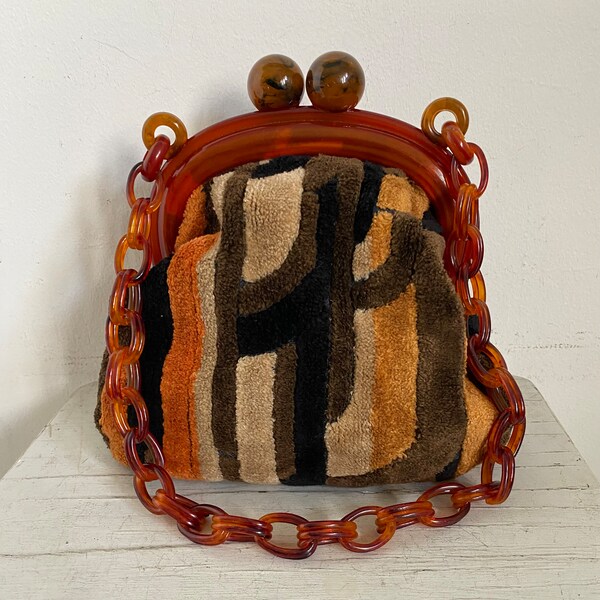 Vintage 60's Art Deco Style MOD Brown Beige Black and Orange Velvet Print Handbag with Tortoise Bakelite Chunky Chain Kiss Lock Closure