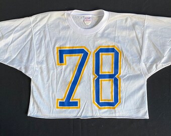 1970's Mesh Football Crop Jersey Shimmel Shirt Number 78 White with Yellow and Blue Letters Wide Body Silhouette Label: INDY Knit Size M/L