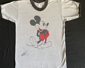80er Disney Mickey Maus Grafik Grau Heather Ringer Kult classic T-Shirt Bild weich und leicht abgerieben Größe Klein/Medium