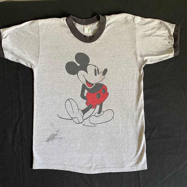 80's Disney Mickey Mouse Graphic Gray Heather Ringer Iconic Classic T Shirt Image Soft and Worn Slightly Splattered Size Small/Medium