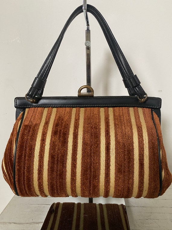 60’s Chenille Velvet Stripe Handbag Tapestry Brow… - image 2