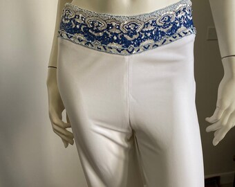 Ralph Lauren 2000's Dressy White Rayon Slinky Sophisticated Dramatic Pants with Wide Waist Blue and White Embroidered Beading Size Small