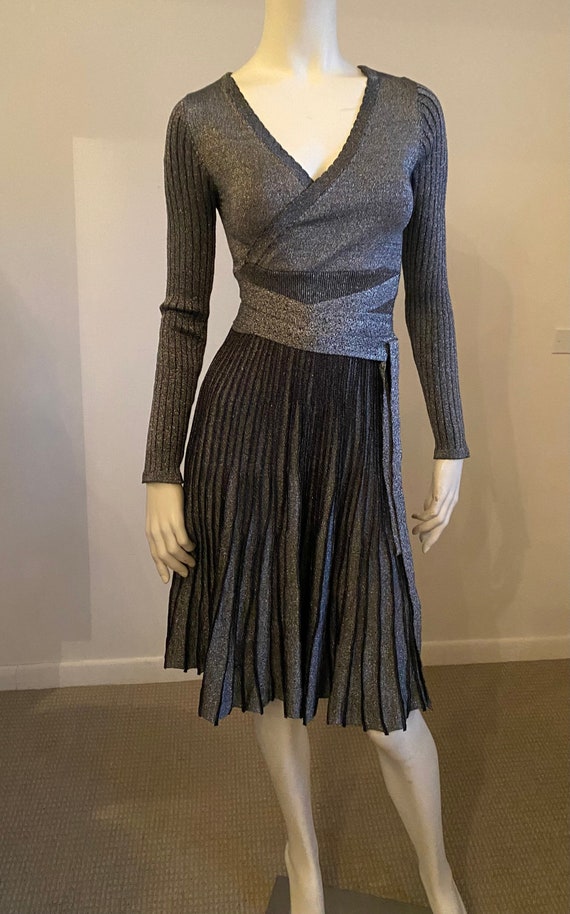 70s 80s Outstanding Gray Metallic Knit Wrap Dress 