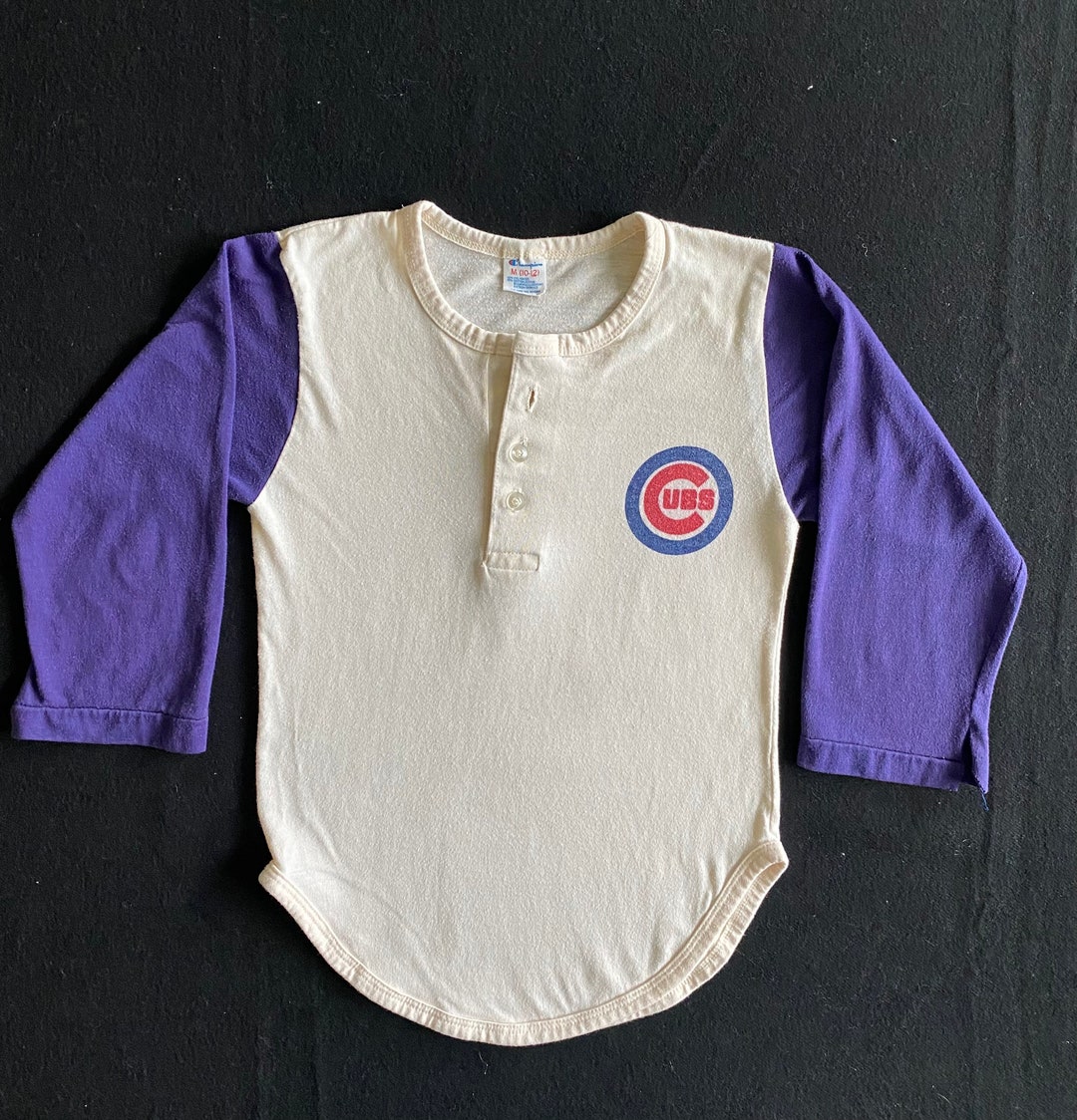 1980s Kids Youth Chicago Cubs Logo Blue and White 3/4 Sleeve Raglan