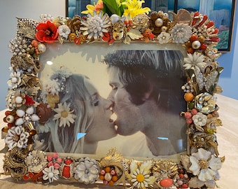 Outstanding Vintage Jeweled Picture Frame In Love One of a Kind Sparkling Bedazzled Flower Pins, Butterflies Birds and More in Large Frame