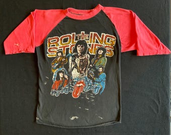 Rare 70s The Rolling Stones True Vintage Raglan Jersey T Shirt Vibrant Graphics Well Loved Worn Stained Ripped Rock Band Beauty Size Small