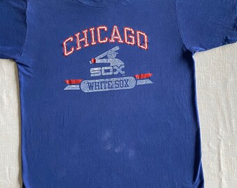 Chicago White Sox 1980's Classic Logo T Shirt Faded Blue Soft and Worn Thin Crackled Messed Up Single Stitch Champion Label Size Medium