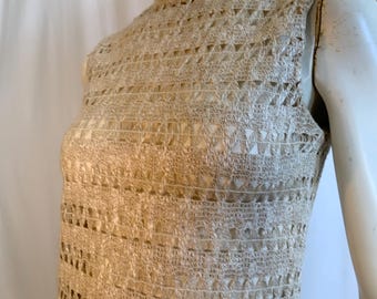 60s 70s MOD Go Go Crochet Woven Cotton Linen Sleeveless Shift Mini Dress Zig Zag and Banded Pattern Cutout See Through Size Small