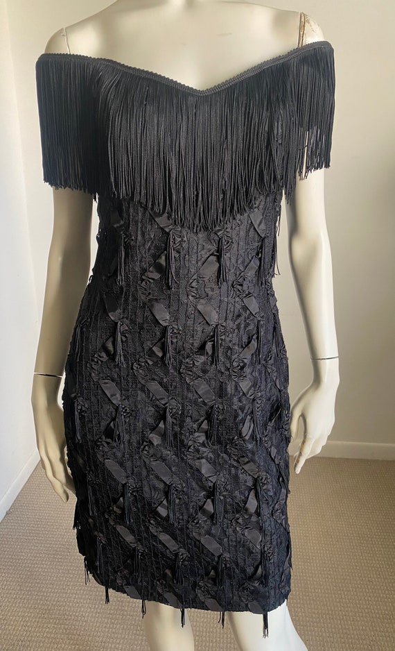 Fantastic 80s 90s Off the Shoulder Black Fringe C… - image 2