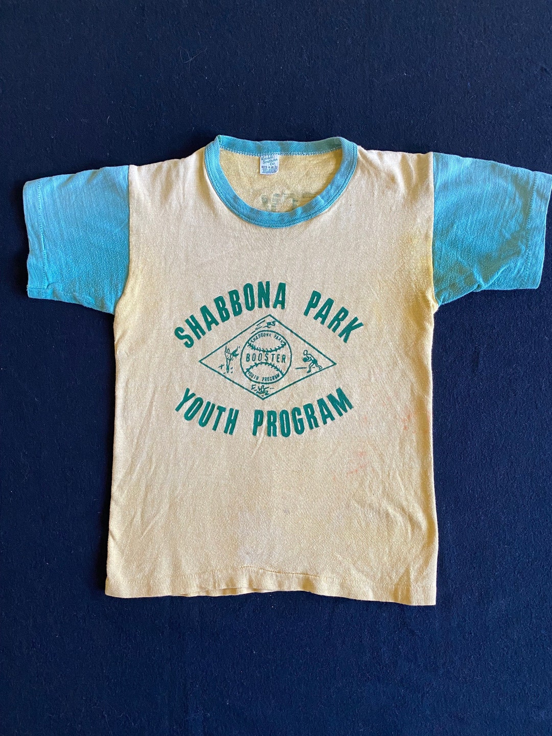 1950s Rare Kids Yellow and Green Double Sided Ringer T Shirt Shabbona