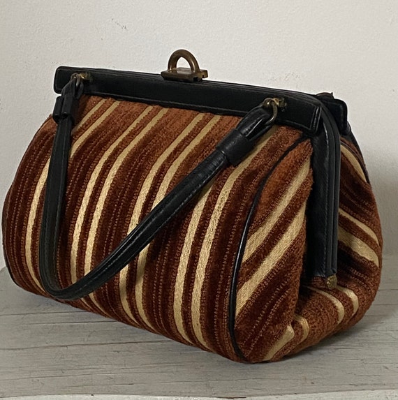 60’s Chenille Velvet Stripe Handbag Tapestry Brow… - image 5