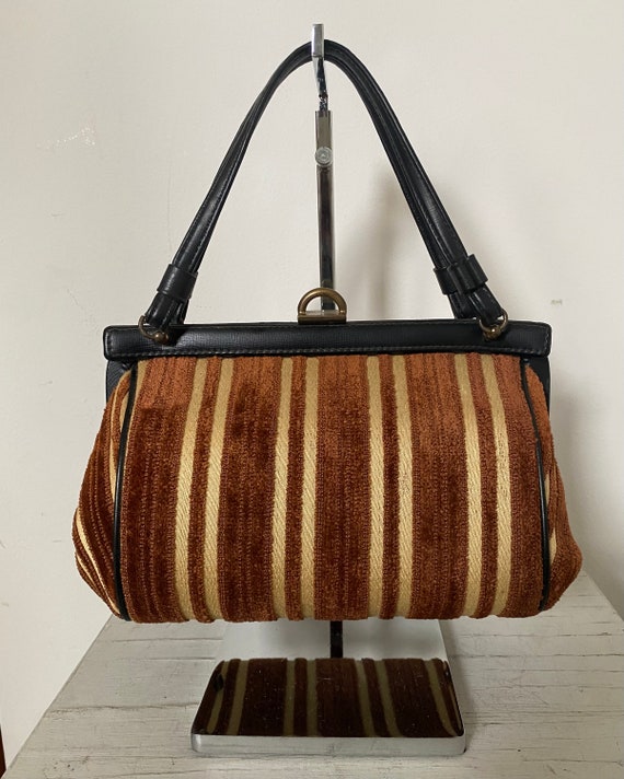 60’s Chenille Velvet Stripe Handbag Tapestry Brow… - image 1