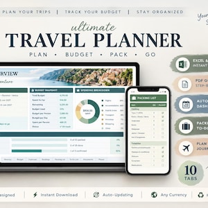 Op de afbeelding: Een digitale reisplanner weergegeven op een laptop- en smartphonescherm, met secties voor reisoverzicht, budgetoverzicht, uitgavenoverzicht en paklijsten. De interface bevat tekst zoals Ultimate Travel Planner, Plan, Budget, Pack, Go.