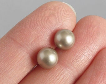 8mm Coffee Pearl Stud Earrings - Everyday Champagne Ball Studs - Platinum Round Glass Pearl Studs - Simple, Round, Taupe Pearl Jewelry Gifts