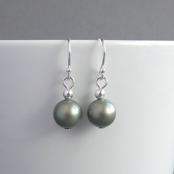 Sage Green Pearl Dangly Earrings - Celadon Bridesmaids Gifts - Simple Swarovski Jewellery for Everyday - Olive Mother of the Bride/Groom