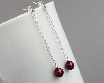 Burgundy Pearl Dangle Earrings - Dark Red Long Chain Drop Earrings - Claret Bridesmaids Gifts - Garnet Pearl Wedding Jewellery for Women