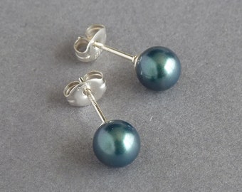 Dark Green Pearl Stud Earrings - Small Round 6mm Emerald Swarovski Pearl Studs - Peacock Green Jewellery for Women - Teal Bridesmaids Gifts