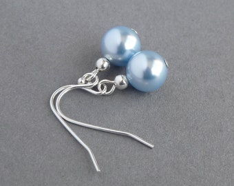 Simple Pale Blue Pearl Drop Earrings - Light Blue Bridesmaids Gifts - Everyday Powder Blue Jewellery - Baby Blue Mother of the Bride/Groom