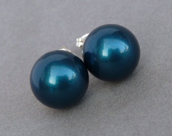 12mm Chunky Teal Stud Earrings - Large Round Petrol Blue Swarovski Pearl Studs - Big Coloured Glass Pearl Post Earrings - Jewellery Gifts