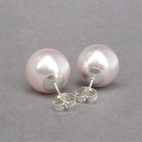 12mm Chunky Blush Pearl Studs - Large Baby Pink Stud Earrings for Women - Pale Pink Mother of the Bride/Groom - Light Powder Pink Jewellery