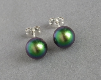 8mm Scarabaeus Green Swarovski Pearl Stud Earrings - Bright Green Post Earrings - Multi-colour Round Studs - Wedding Jewellery for Women