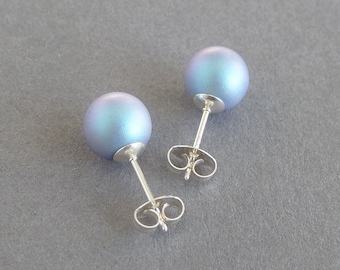 Pendientes de botón azul claro iridiscente de 8 mm - Perlas de vidrio azul pálido - Perlas redondas de color azul bebé - Joyas de perlas de imitación coloridas para el día a día
