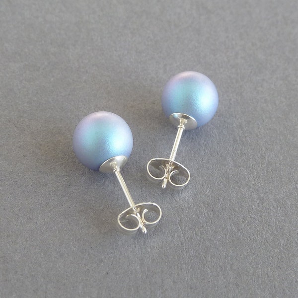 8mm Iridescent Light Blue Stud Earrings - Pale Blue Glass Pearl Studs - Baby Blue Round Ball Studs - Everyday Colourful Faux Pearl Jewellery