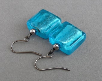 Turquoise Fused Glass Dangle Earrings - Sea/Sky Blue Square Drop Earrings - Turquoise Everyday Jewelry for Women - Cyan Lampwork Bead Gifts