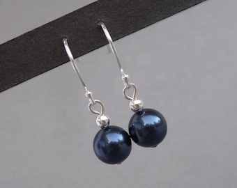 Simple Navy Pearl Drop Earrings - Dark Blue Bridesmaids Gifts - Midnight Blue Jewellery for Everyday - Navy Pearl Mother of the Bride/Groom