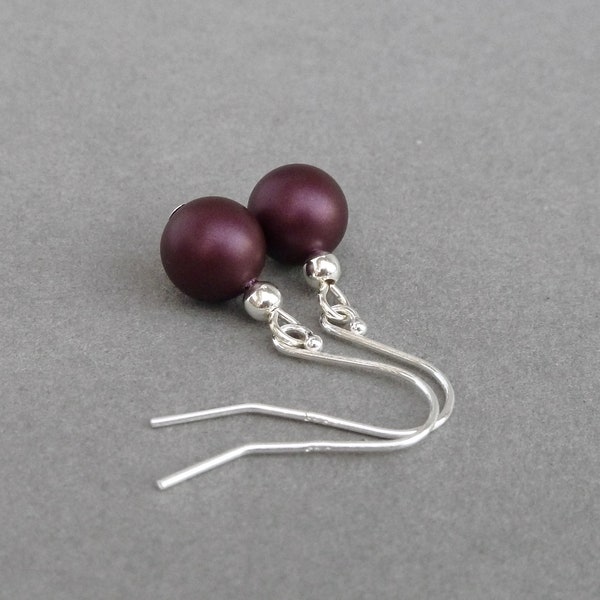Simple Plum Swarovski Pearl Drop Earrings - Eggplant Sterling Silver Drop Earrings - Aubergine Everyday Jewellery for Women - Gifts for Her