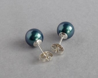 8mm Dark Green Pearl Studs - Round Teal Glass Pearl Stud Earrings - Blue Green Women's Wedding Jewellery - Peacock Green Bridesmaids Gifts