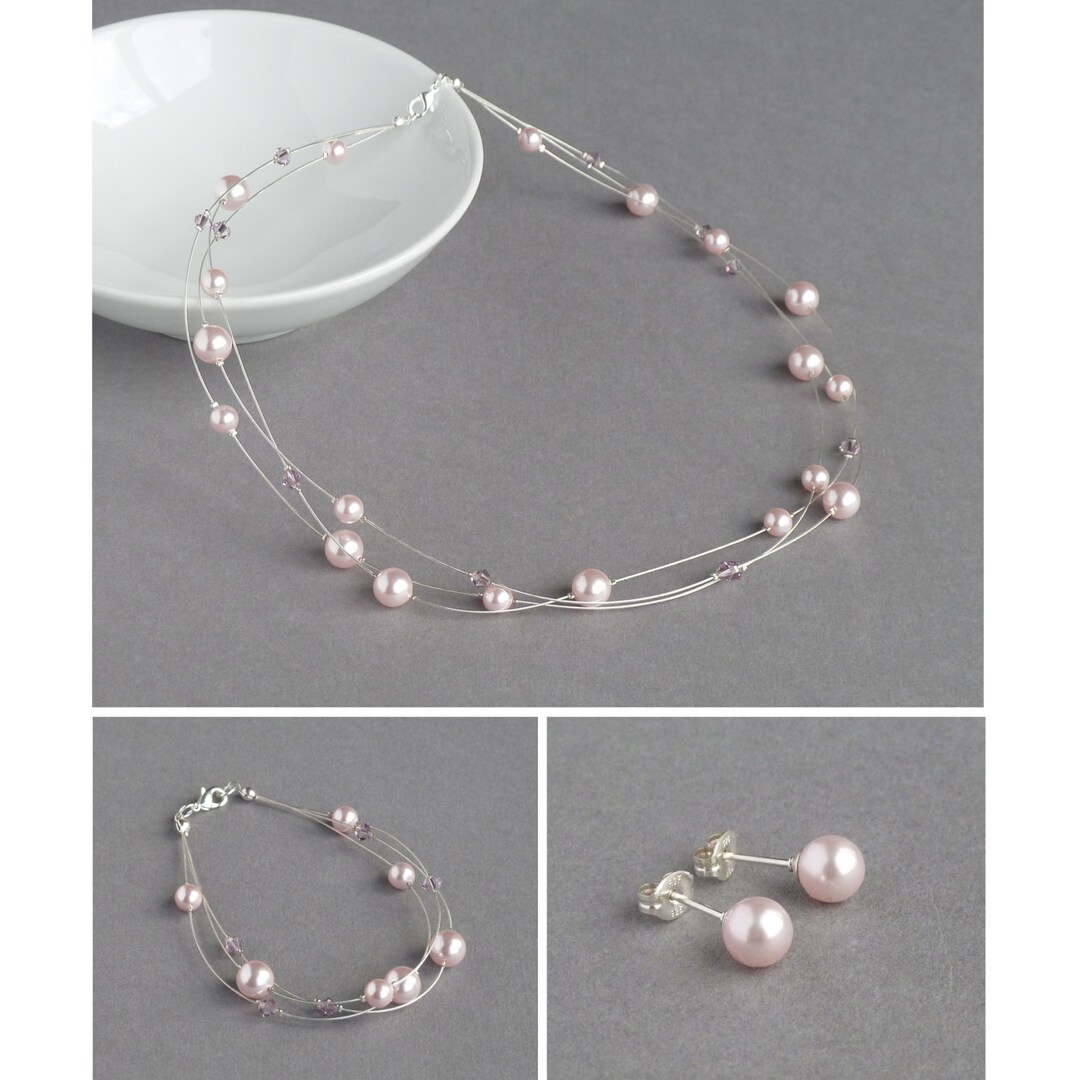 Blush Pink Jewellery Set Soft Pink Floating Pearl Necklace Etsy