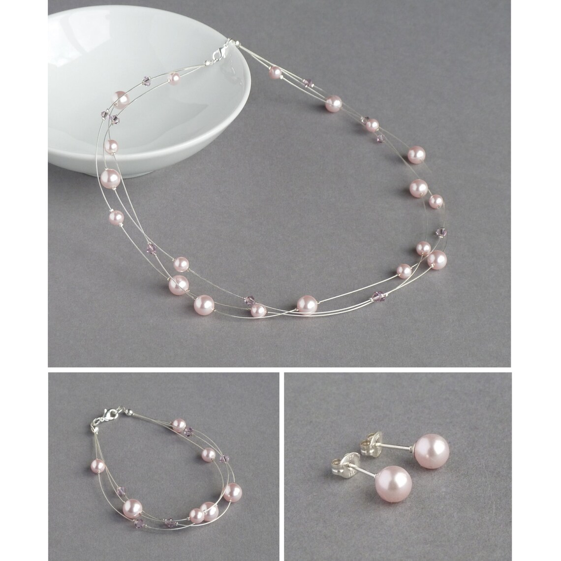 Blush Pink Jewellery Set Soft Pink Floating Pearl Necklace Etsy