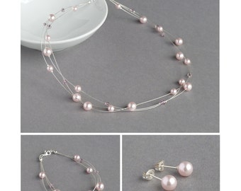 Blush Pink Jewellery Set - Soft Pink Floating Pearl Necklace, Bracelet and Stud Earrings - Bridesmaids Jewellery - Bridal Party Gifts