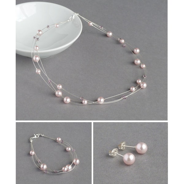 Blush Pink Jewellery Set - Soft Pink Floating Pearl Necklace, Bracelet and Stud Earrings - Bridesmaids Jewellery - Bridal Party Gifts