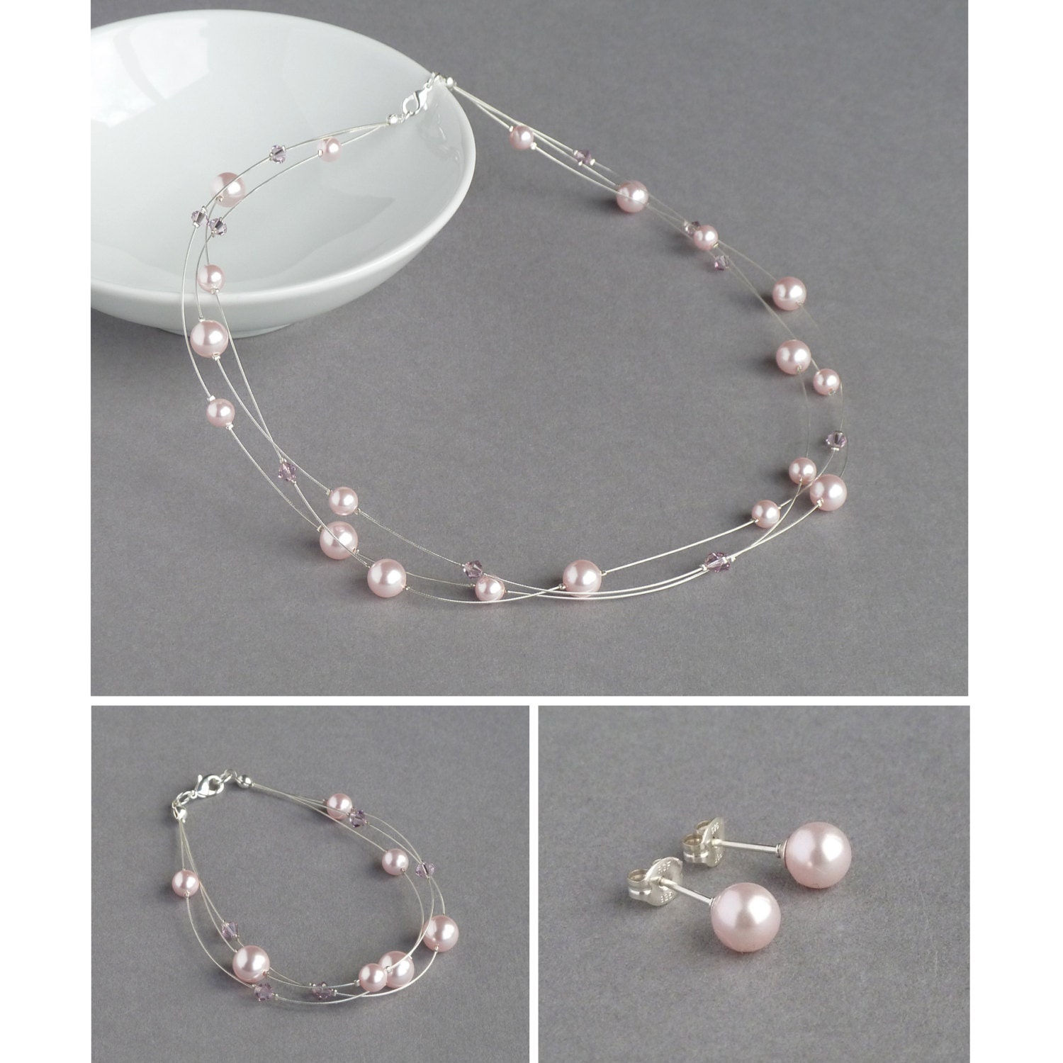 Dusky Pink Floating Pearl Bracelet - Powder Ros... - Folksy
