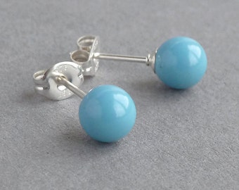 Sky Blue Pearl Post Earrings - Turquoise Swarovski Pearl Stud Earrings - Caribbean Blue Bridesmaid Jewelry - Bridesmaids Gifts - Pearl Studs