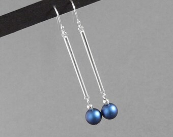 Long Dark Blue Swarovski Pearl and Sterling Silver Bar Drop Earrings - Bright, Royal Blue Dangle Earrings - Navy Everyday Jewelry for Women