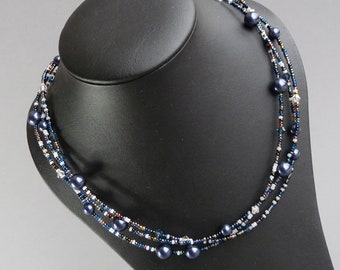 Dark Blue Necklace - Navy Multi Strand Necklace - Twisted Navy Blue Pearl and Crystal Necklace - Multi Colour Women's Jewelry