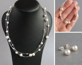 Cream Floating Pearl Jewellery Set for Brides - Ivory Bridal Necklace, Bracelet and Stud Earring Sets - Bridesmaids Gifts - Wedding Jewelry