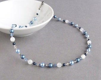 Royal Blue Beaded Necklace - Everyday Mid Blue Pearl and Crystal Necklaces - Simple Cornflower Blue Jewellery for Mother of the Bride/Groom