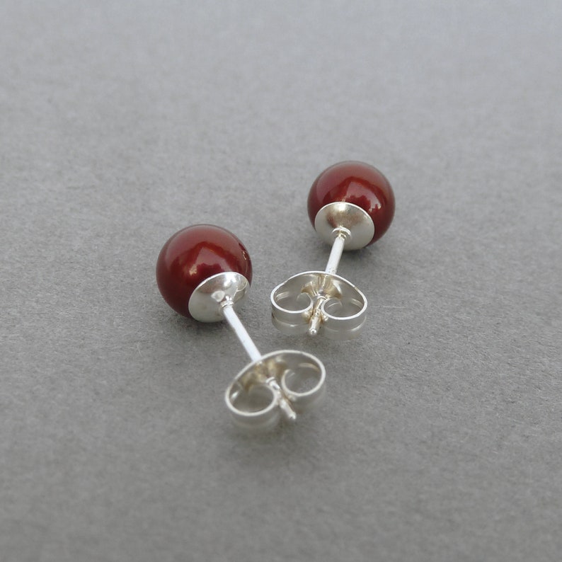 6mm Bordeaux Swarovski Pearl Stud Earrings Small, Round Burgundy Coloured Glass Pearl Studs Maroon Faux Pearl Jewellery Gifts for Women image 2