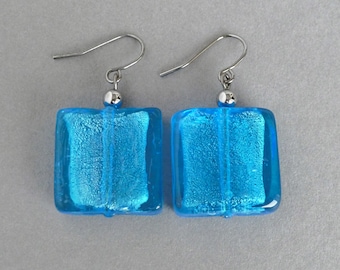 Large Sea Blue Square Drop Earrings - Big Turquoise Fused Glass Dangle Earrings - Colourful Gifts for Women - Everyday Azure Jewellery