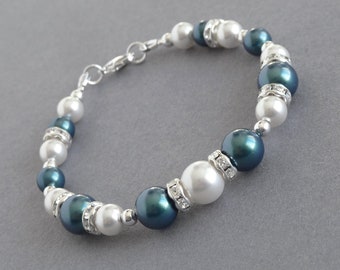 Dark Green Pearl Bracelet - Teal Bridesmaid Gifts/Wedding Accessories - Hunter Green and White Jewelry - Single Strand Petrol Blue Bracelets