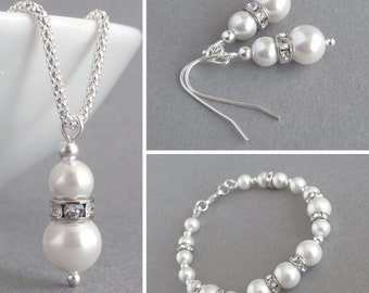 White Pearl Bridal Jewellery Set - Pearl and Crystal Jewelry for Brides - Ivory Necklace, Bracelet and Drop Earrings - Bridesmaid Gifts