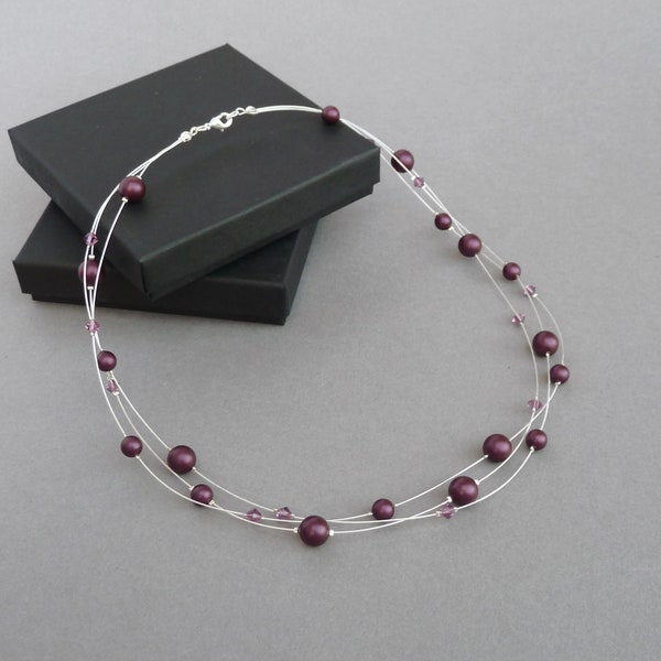 Pflaume Schwimmende Perlenkette - Aubergine Brautjungfern Schmuck - Lila mehrsträngige Halsketten - Aubergine Brautpartygeschenke für Hochzeiten