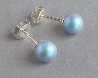 6mm Pale Blue Stud Earrings - Small Iridescent Light Blue Swarovski Pearl Studs - Powder Blue Glass Pearl Post Earrings - Jewelry for Women