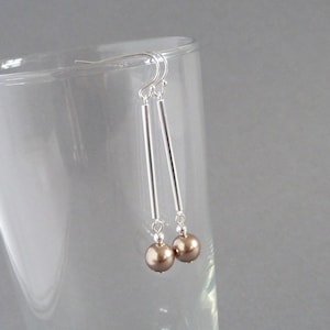 Long Bronze Pearl and Sterling Silver Bar Drop Earrings - Light Brown Everyday Dangle Earrings for Women - Simple Jewellery Gifts for Her