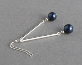 Pearl Drop Navy Earrings - Midnight Blue Bridesmaid Jewellery - Sterling Silver Dangly Earrings - Simple Dark Blue Bridesmaids Gifts