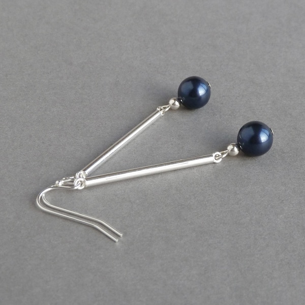 Pearl Drop Navy Earrings - Midnight Blue Bridesmaid Jewellery - Sterling Silver Dangly Earrings - Simple Dark Blue Bridesmaids Gifts